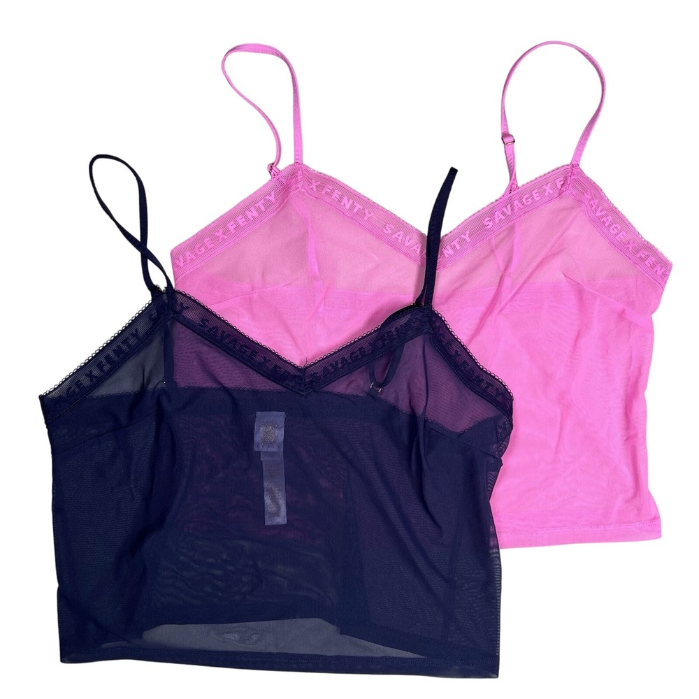 Bundle Of Two - Savage x Fenty Logo Trim‎ Mesh Cami Sz Small Pink And Blue Sheer